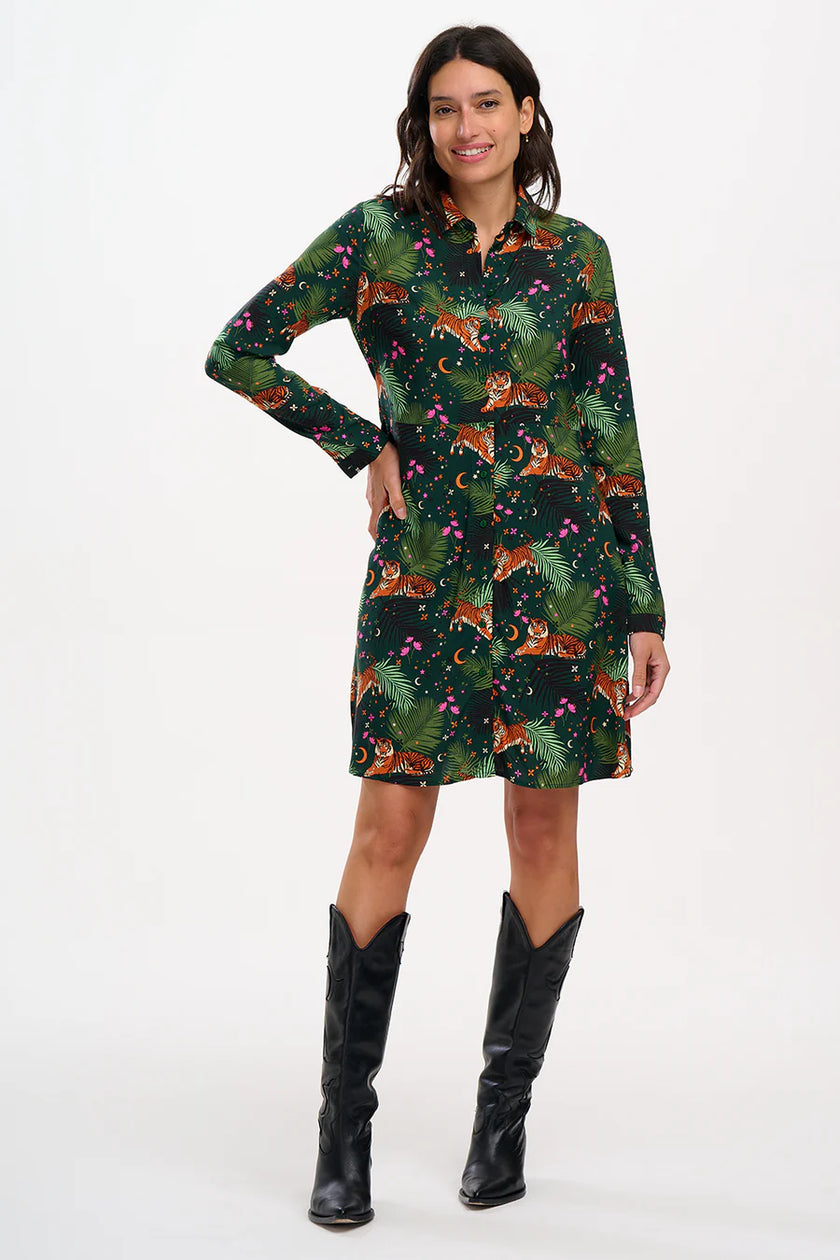 Sugarhill Brighton Henrietta Mini Shirt Dress Dark Green Tigers/Palms