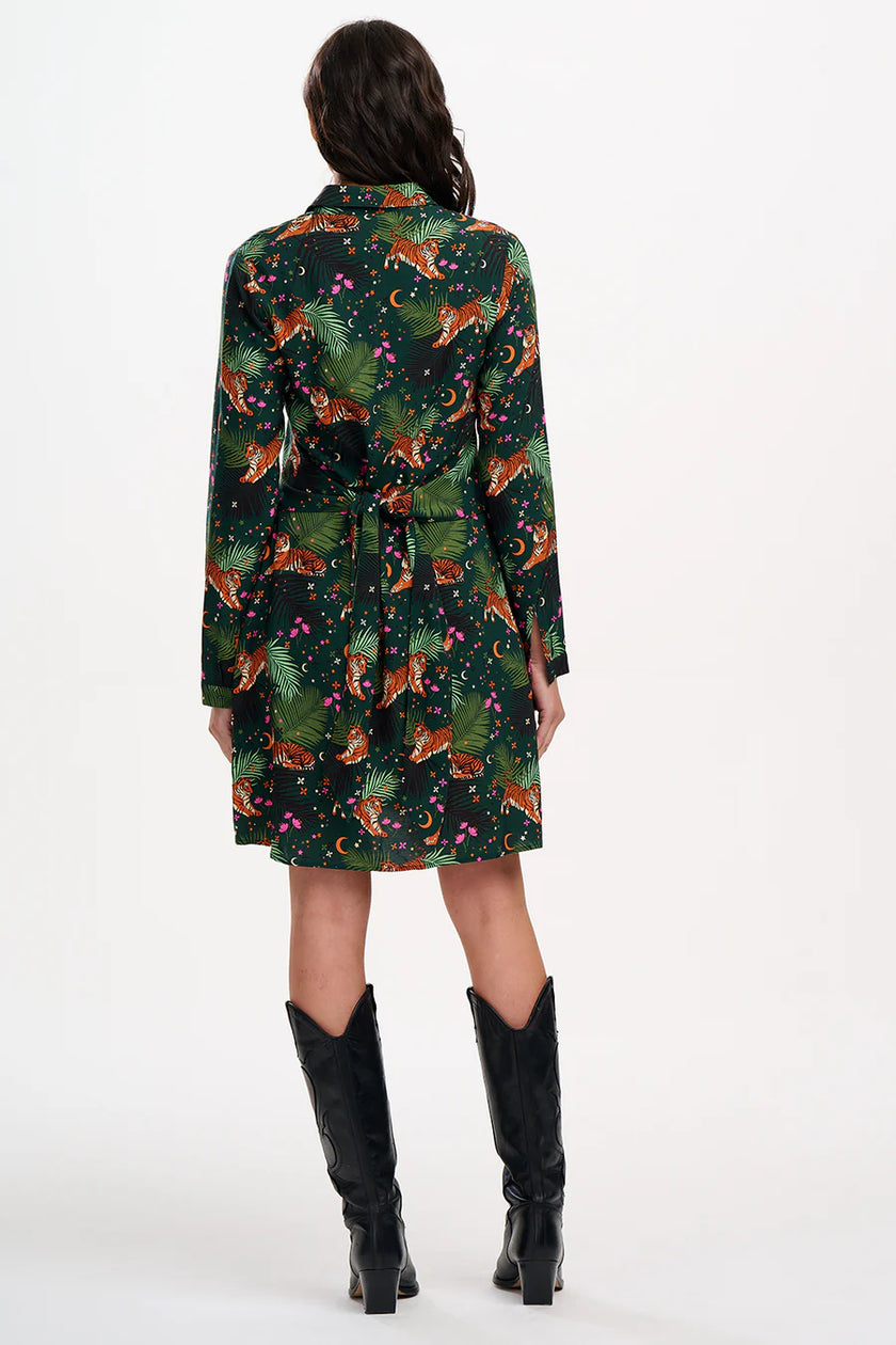 Sugarhill Brighton Henrietta Mini Shirt Dress Dark Green Tigers/Palms