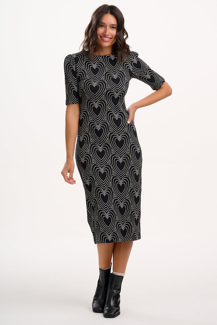 Sugarhill Brighton Hatsy Jersey Jacquard Midi Dress Black/Off White Heart Explosion