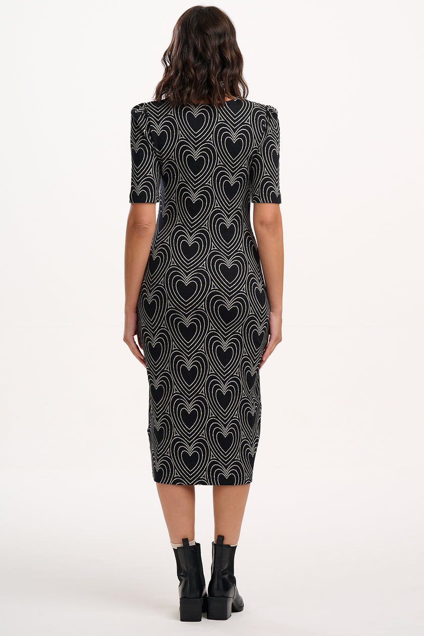 Sugarhill Brighton Hatsy Jersey Jacquard Midi Dress Black/Off White Heart Explosion