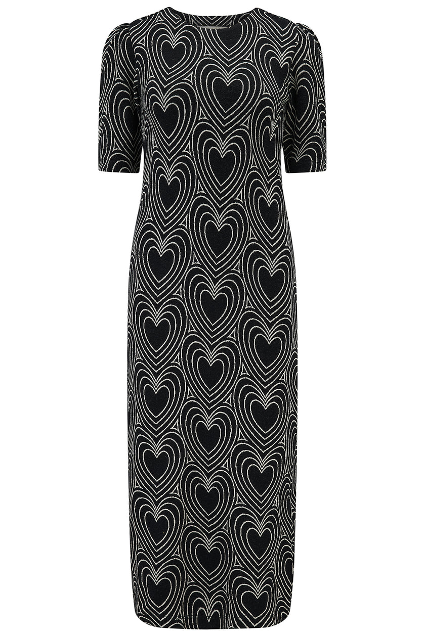 Sugarhill Brighton Hatsy Jersey Jacquard Midi Dress Black/Off White Heart Explosion