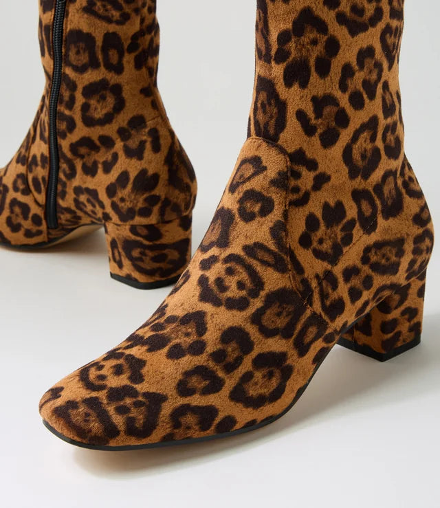 Django & Juliette Hartful Tan Small Leopard Stretch Microsuede