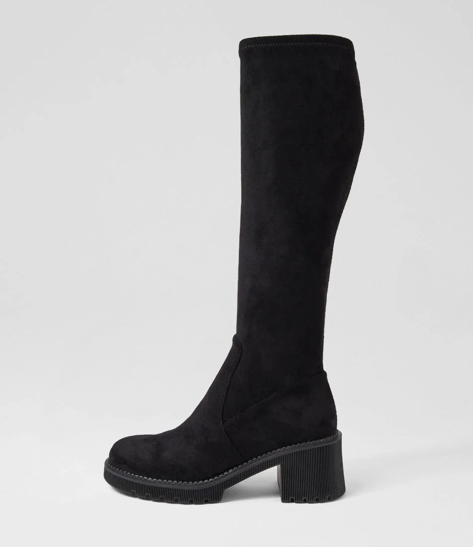 Django & Juliette Zina Knee High Boots Black Stretch Microsuede