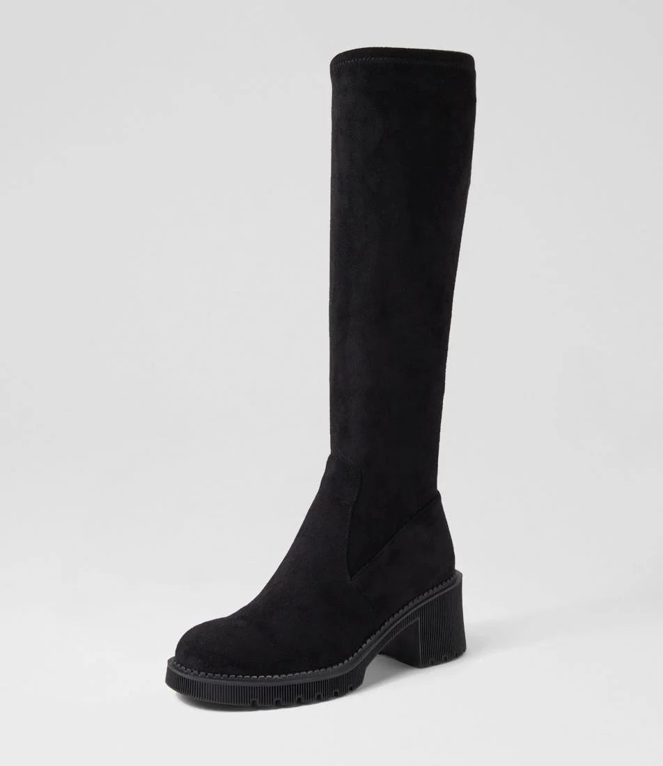 Django & Juliette Zina Knee High Boots Black Stretch Microsuede
