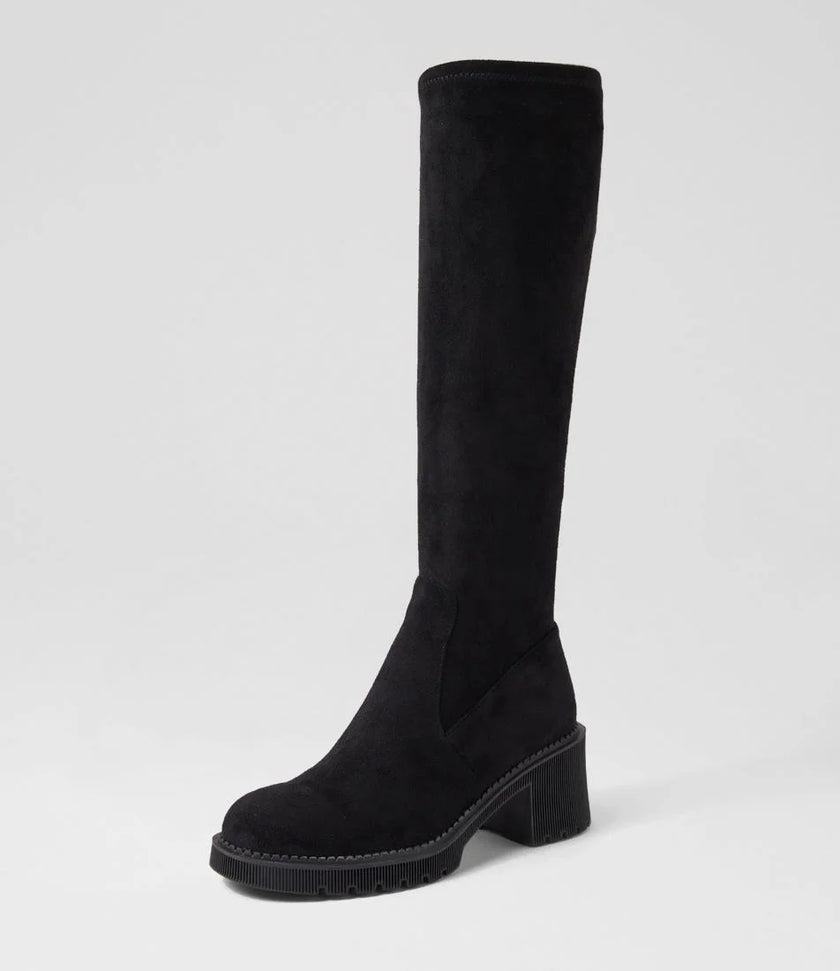 Django & Juliette Zina Knee High Boots Black Stretch Microsuede