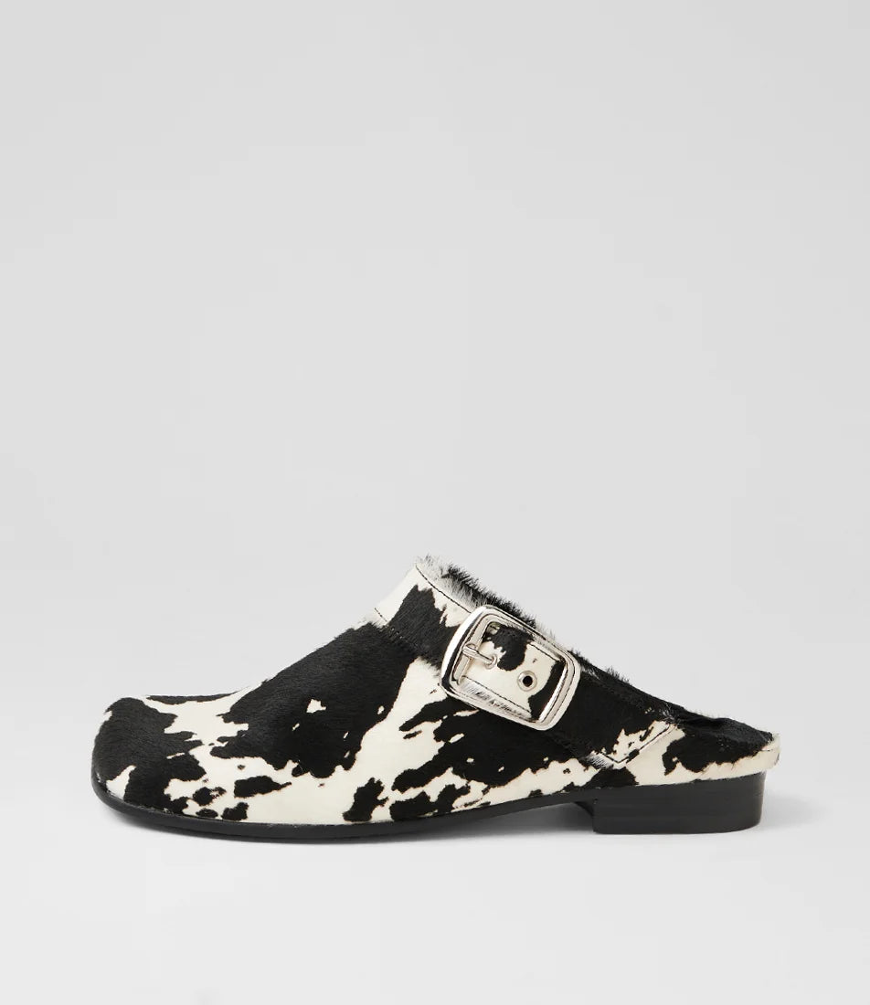 Django & Juliette Grippo Black White Pony Leather Mules