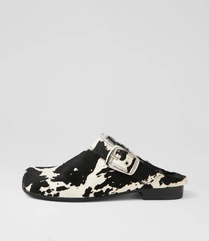 Django & Juliette Grippo Black White Pony Leather Mules