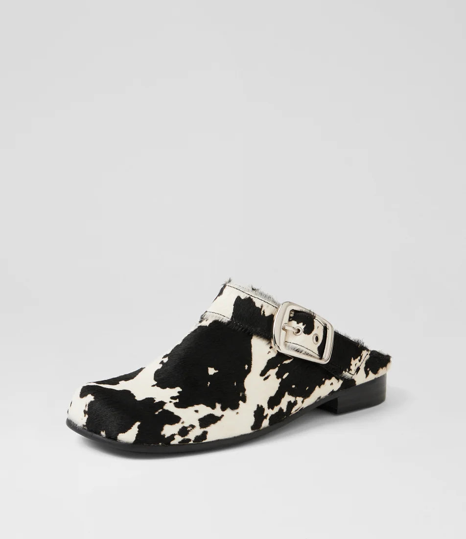 Django & Juliette Grippo Black White Pony Leather Mules