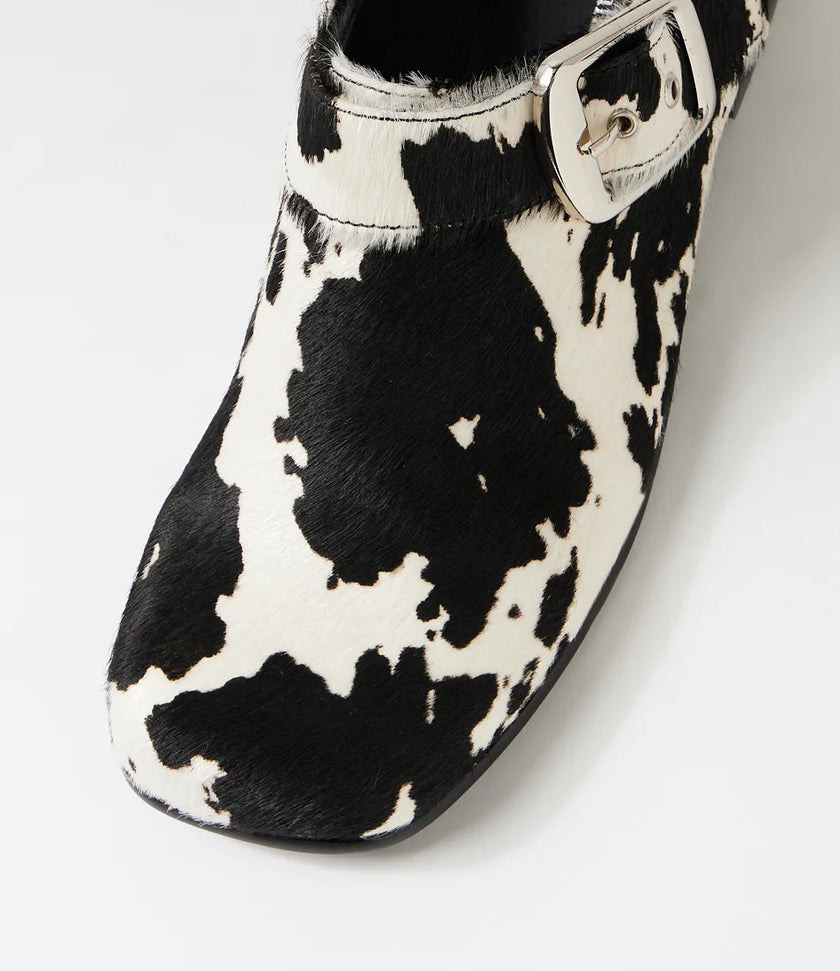Django & Juliette Grippo Black White Pony Leather Mules