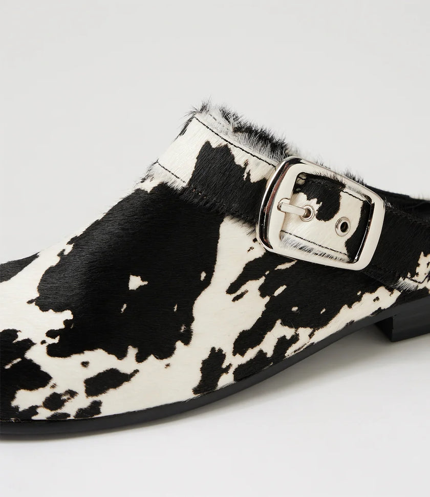 Django & Juliette Grippo Black White Pony Leather Mules