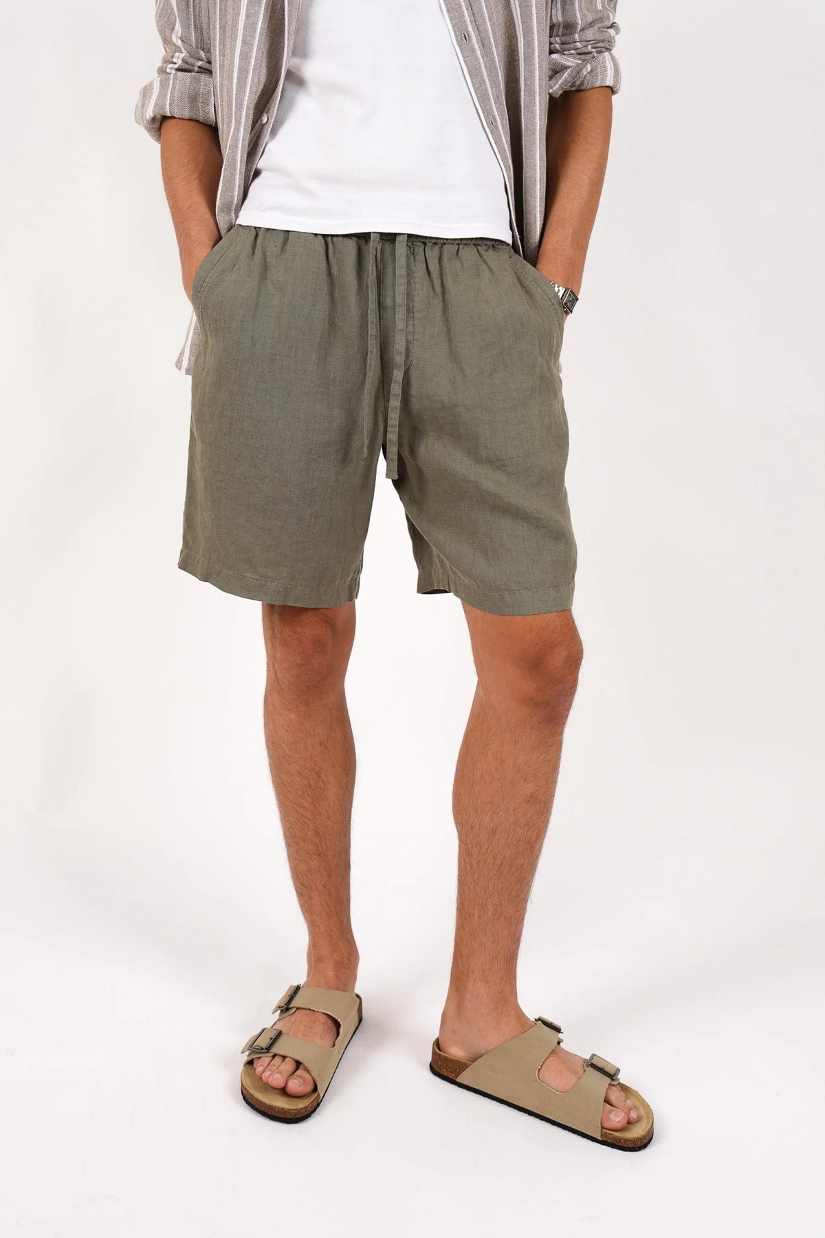 James Harper Garment Dyed Linen Short Olive