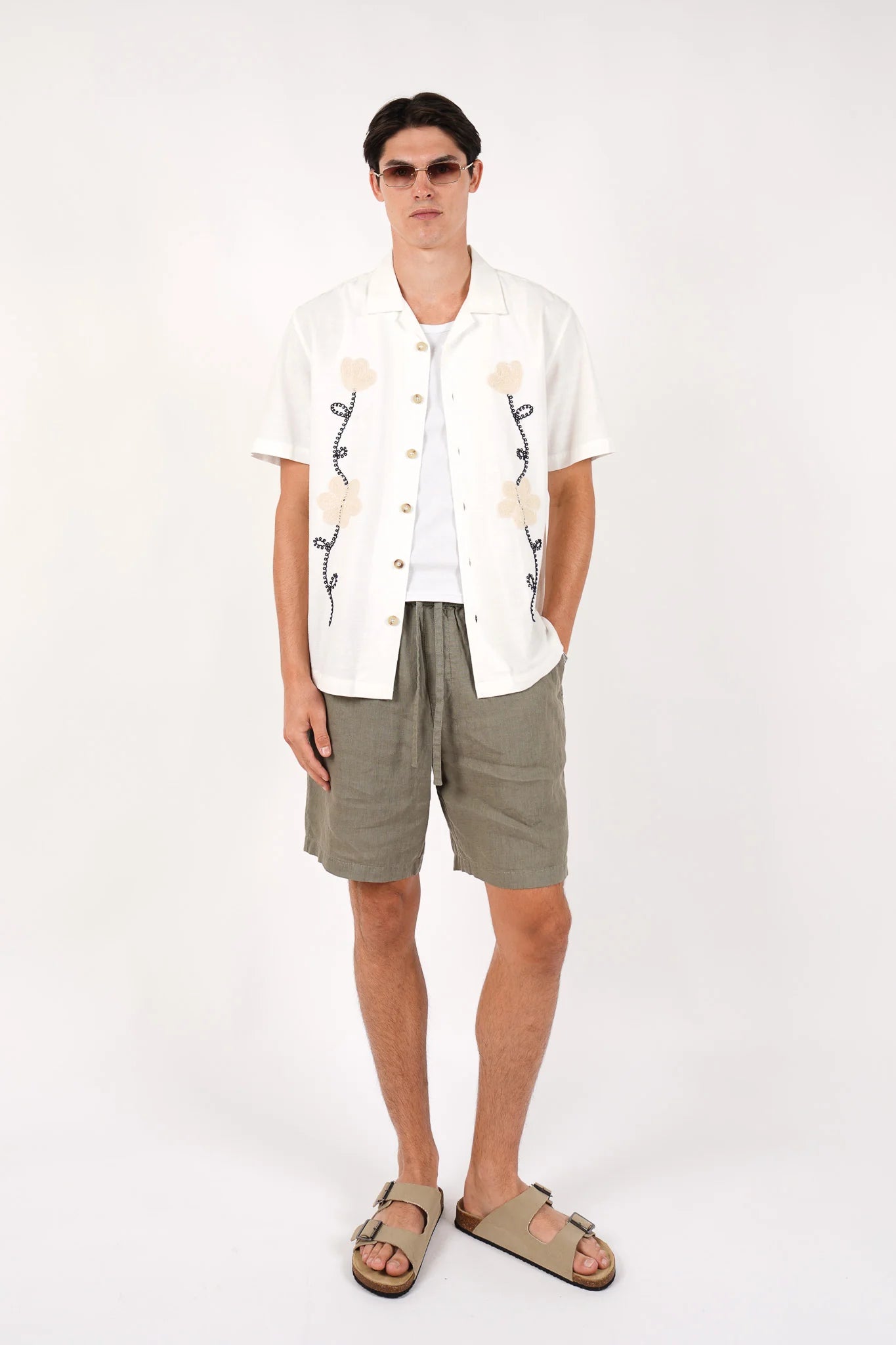 James Harper SS Cuban Collar Shirt Natural Embroidered Vine