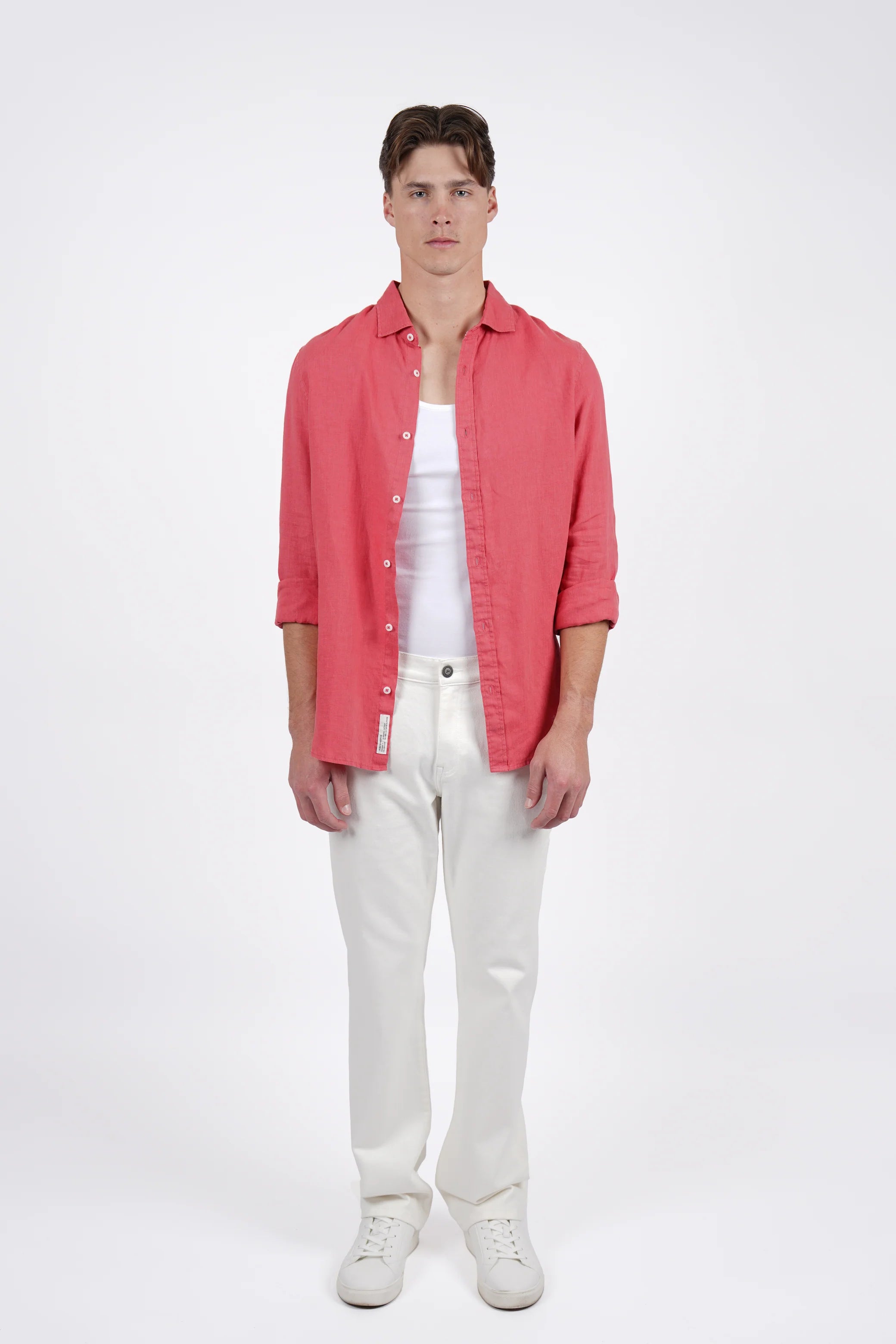 James Harper Linen LS Garment Dyed Shirt Coral