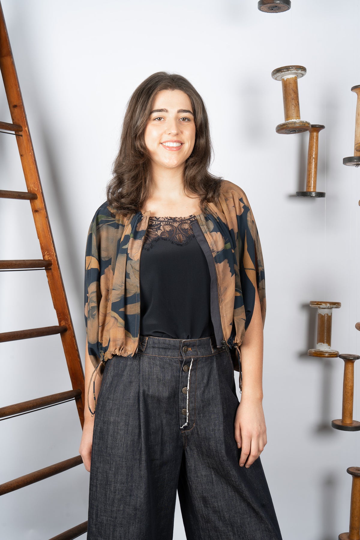 M. A. Dainty Noodles Blouse Jacket Blue Floral