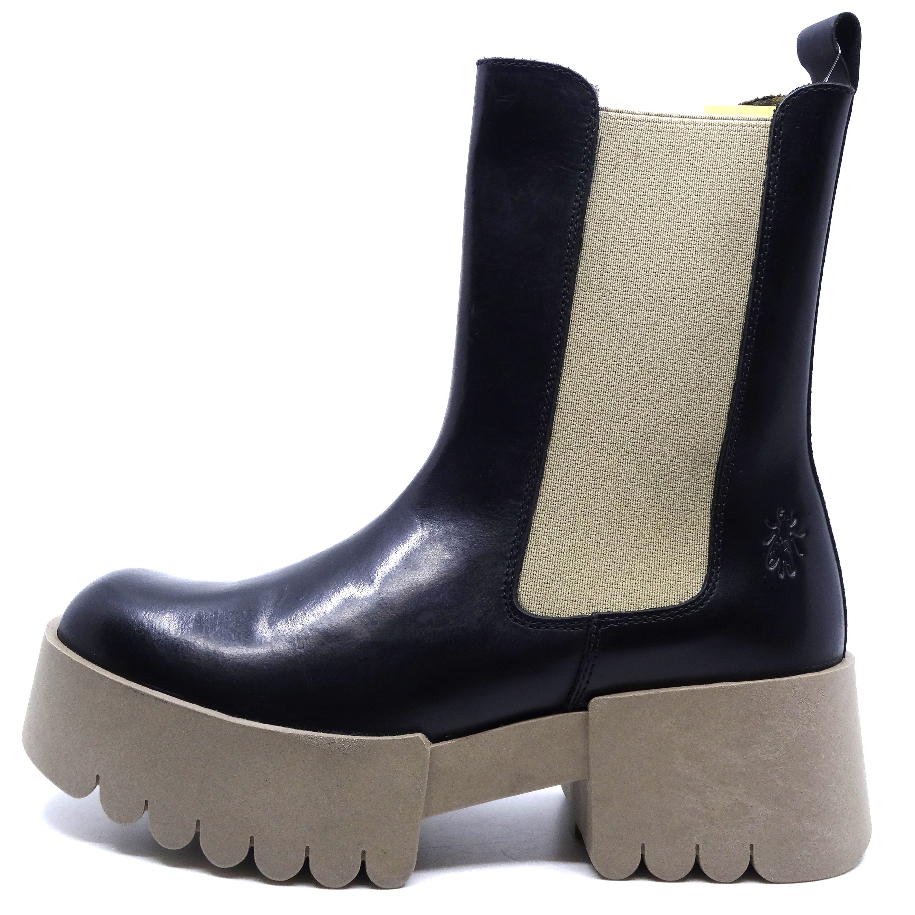 Fly London Erel Black Leather Taupe Elastic