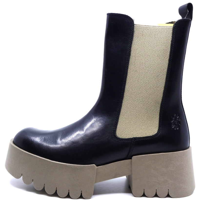 Fly London Erel Black Leather Taupe Elastic