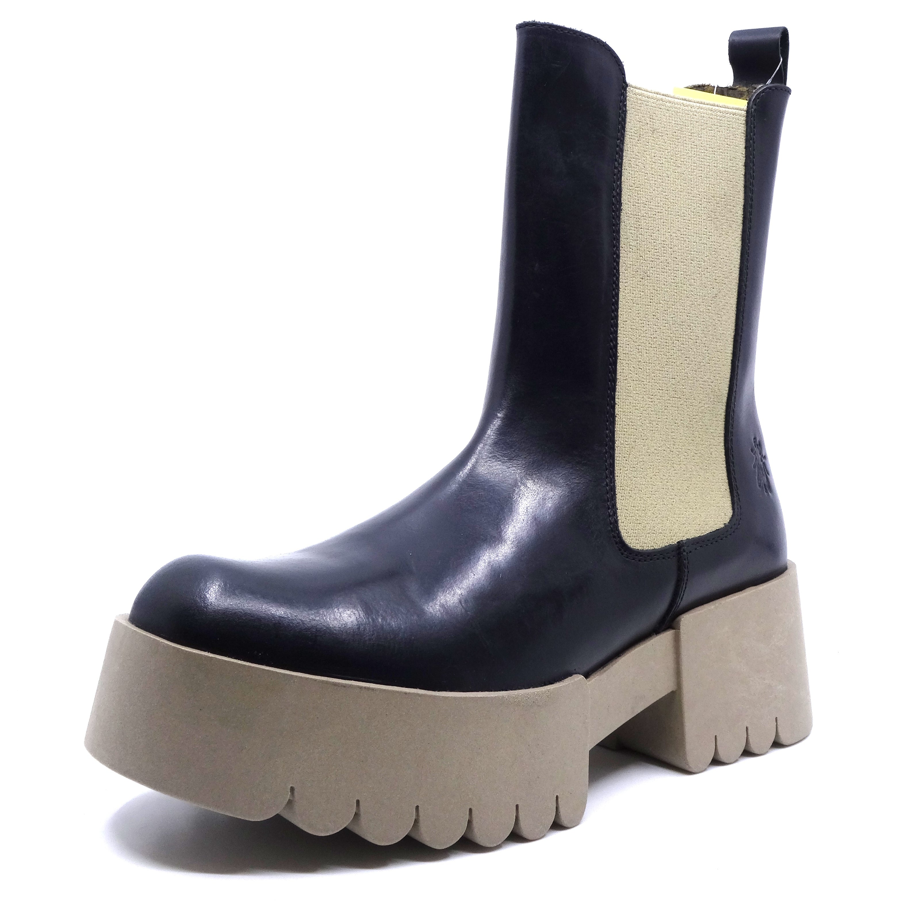 Fly London Erel Black Leather Taupe Elastic