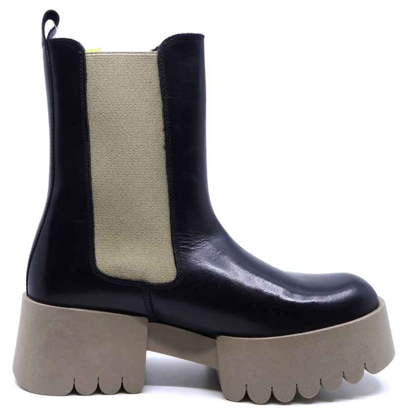 Fly London Erel Black Leather Taupe Elastic