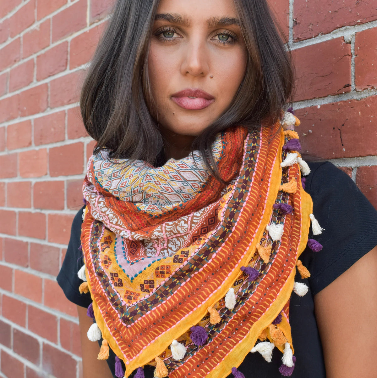 Palme 46209-1050 Cotton Embroidered Splash Pompom Scarf