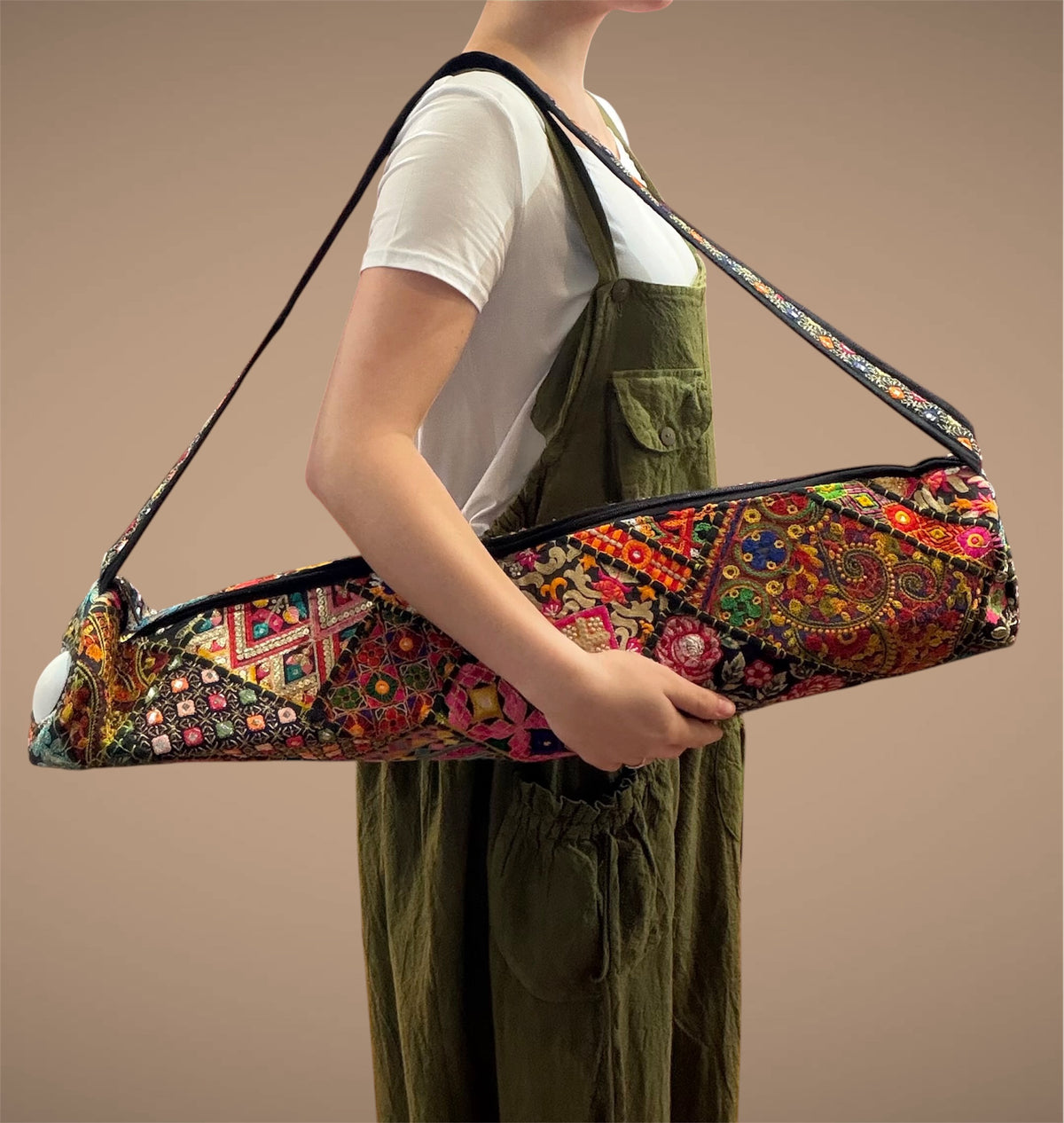 Tibet House BT223 Cotton Patchwork Embroidered Yoga Bag Black Multi