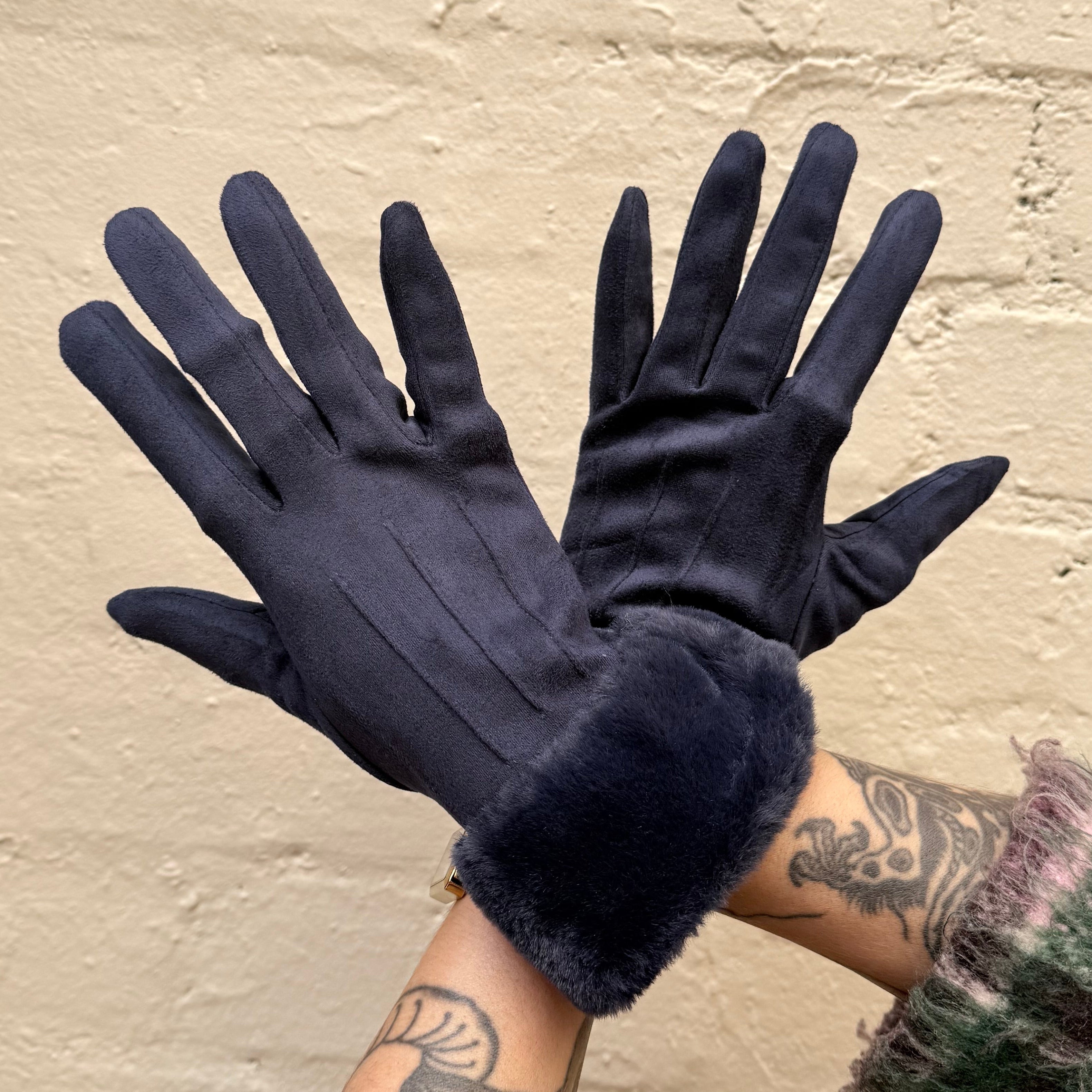 Cinnamon Creations Faux Fur Trim Suedette Gloves Navy