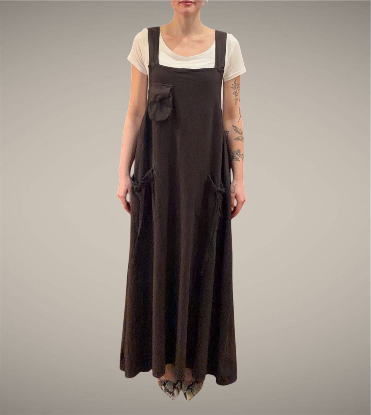 Tibet House GT01 Thick Cotton 3 Pocket Pinafore Dress Dark Brown