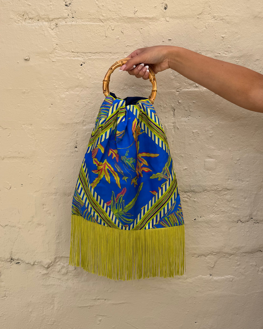 Eleni Malami Large Silk Fringe Bamboo Bag Blue