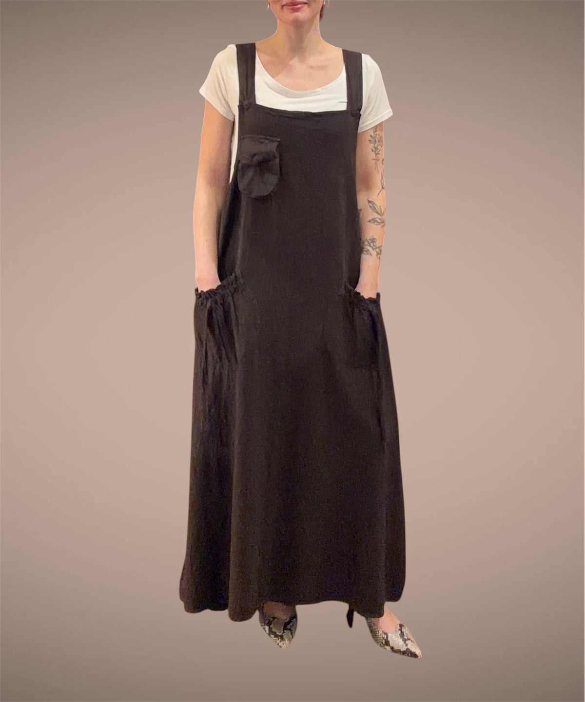 Tibet House GT01 Thick Cotton 3 Pocket Pinafore Dress Dark Brown