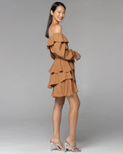 Load image into Gallery viewer, Fate + Becker Heart &amp; Soul Frill Neck Mini Dress Caramel
