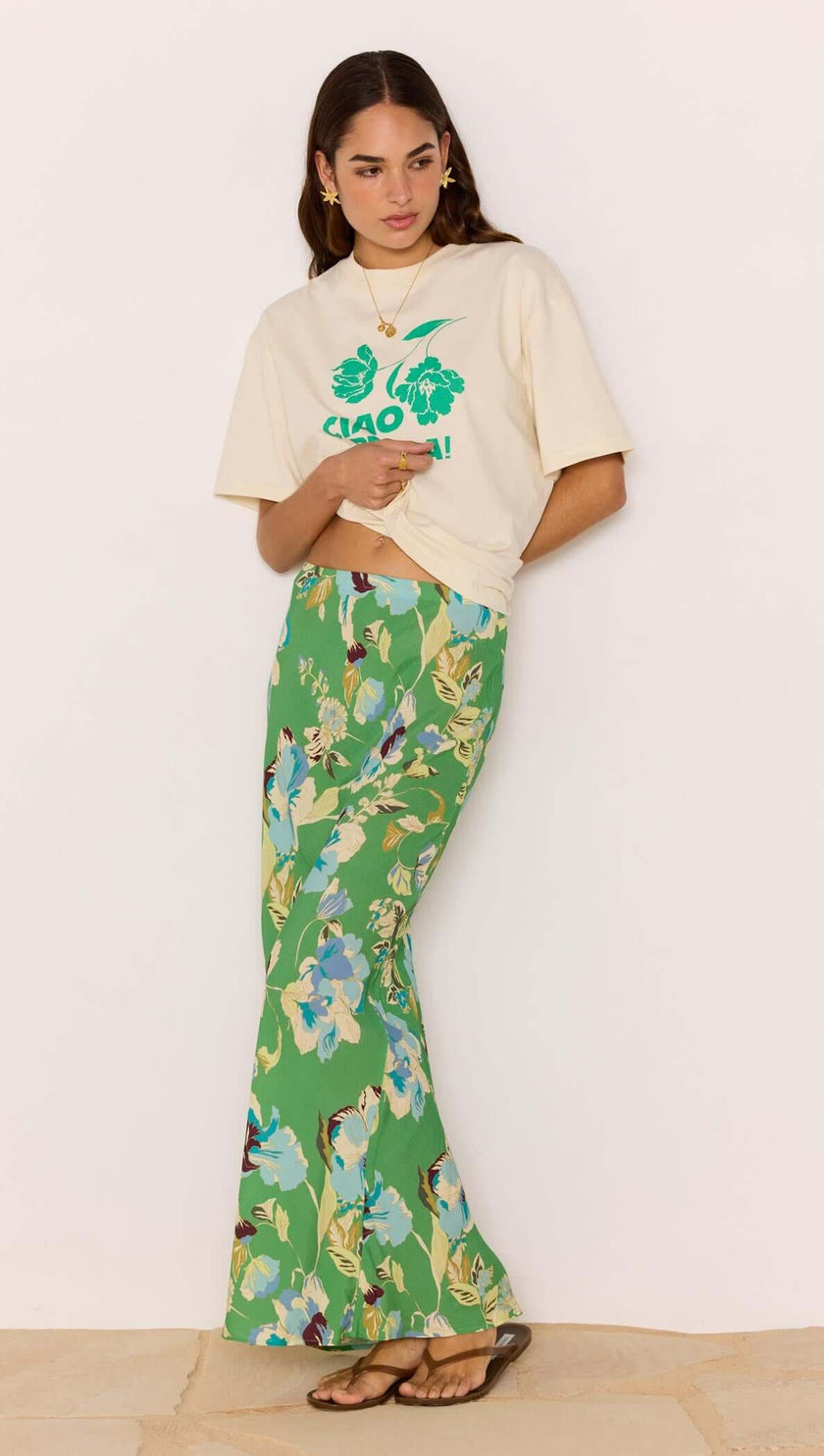 MINKPINK Zoe Midi Bias Skirt Green Floral