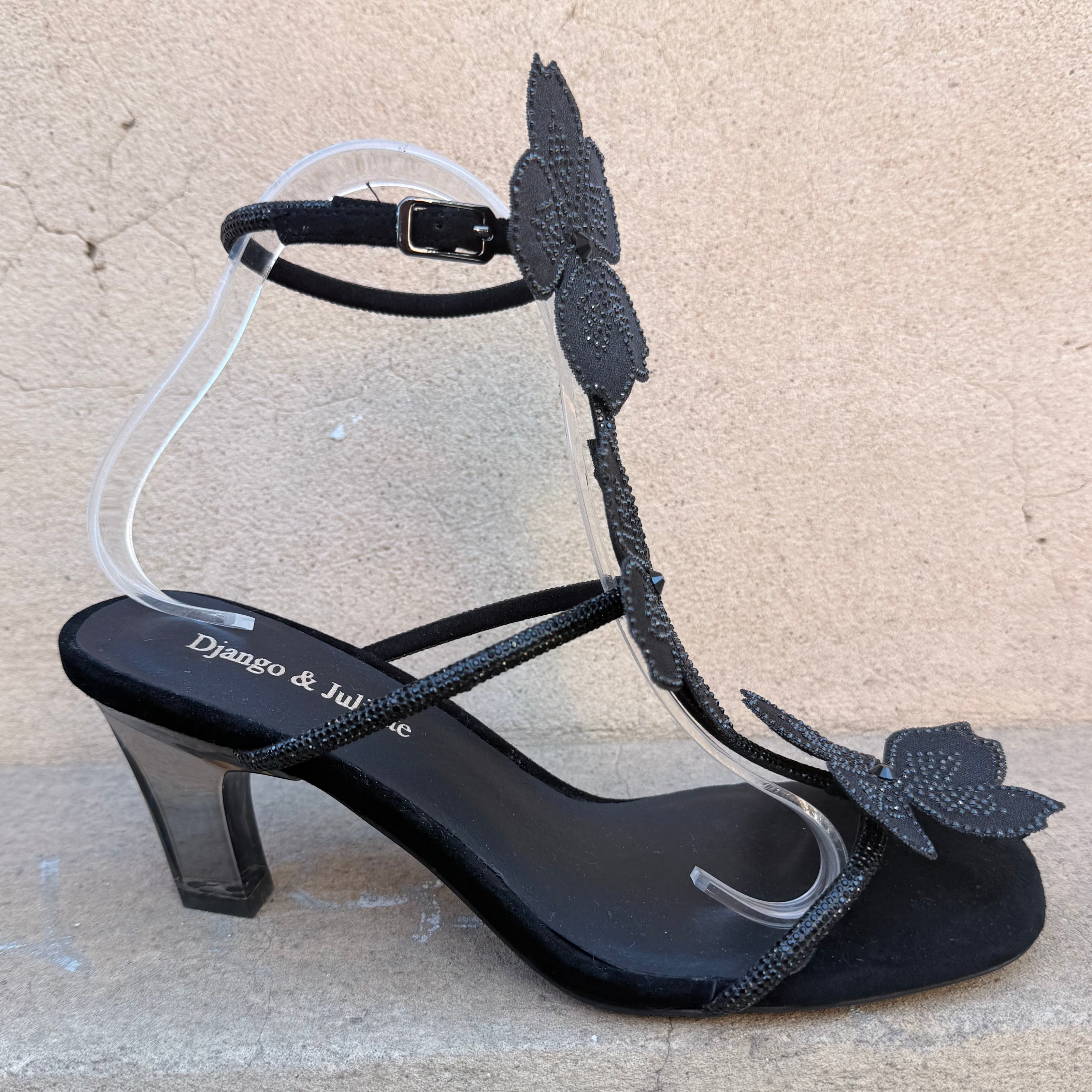Django & Juliette Florel Embellished Heel Sandals Black