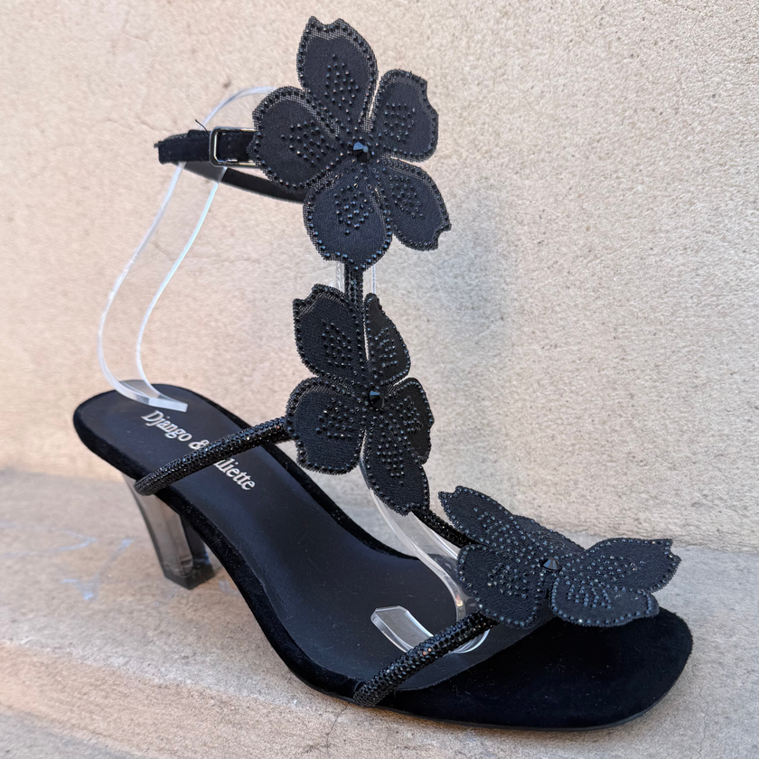 Django & Juliette Florel Embellished Heel Sandals Black