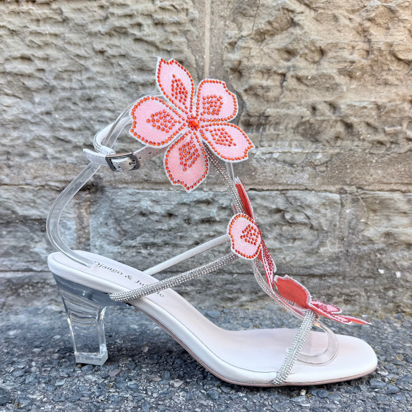 Django & Juliette Florel Embellished Heel Sandals Ivory/ Orange