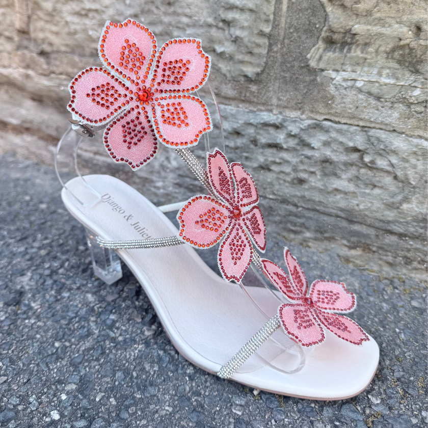 Django & Juliette Florel Embellished Heel Sandals Ivory/ Orange