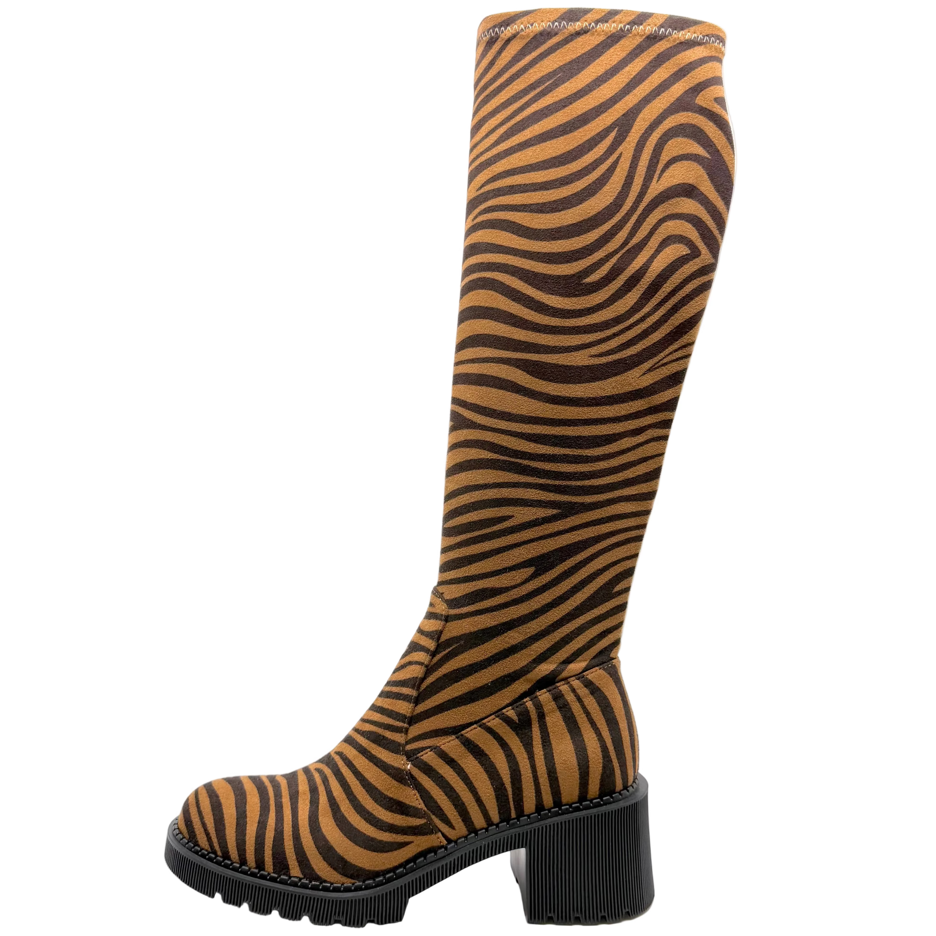 Django & Juliette Zina Knee High Boots Tan Tiger Stretch Microsuede
