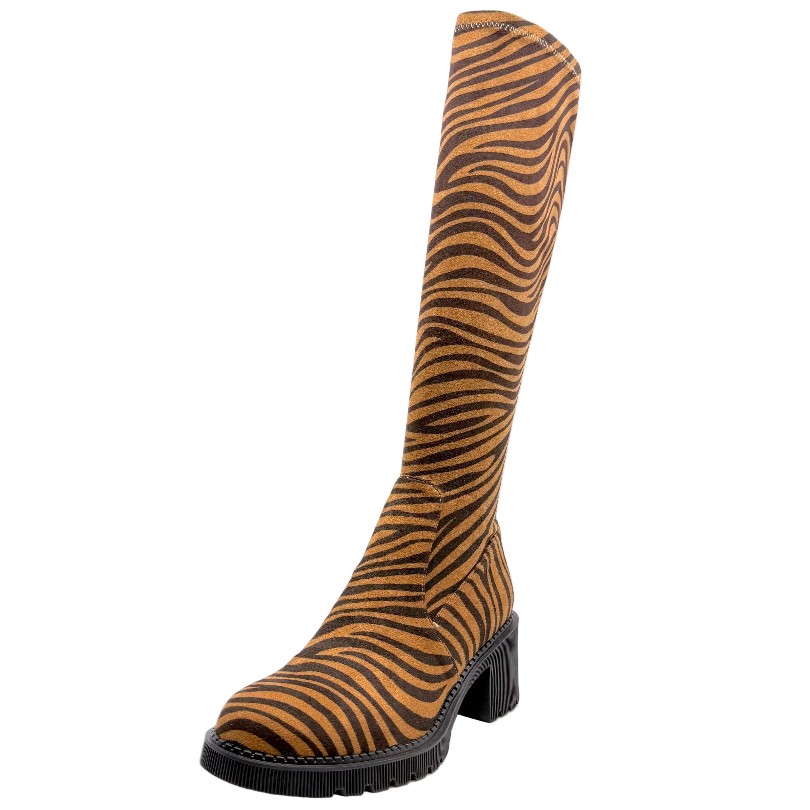 Django & Juliette Zina Knee High Boots Tan Tiger Stretch Microsuede