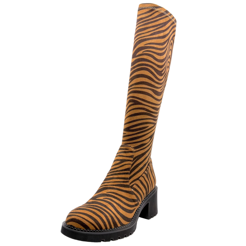 Django & Juliette Zina Knee High Boots Tan Tiger Stretch Microsuede