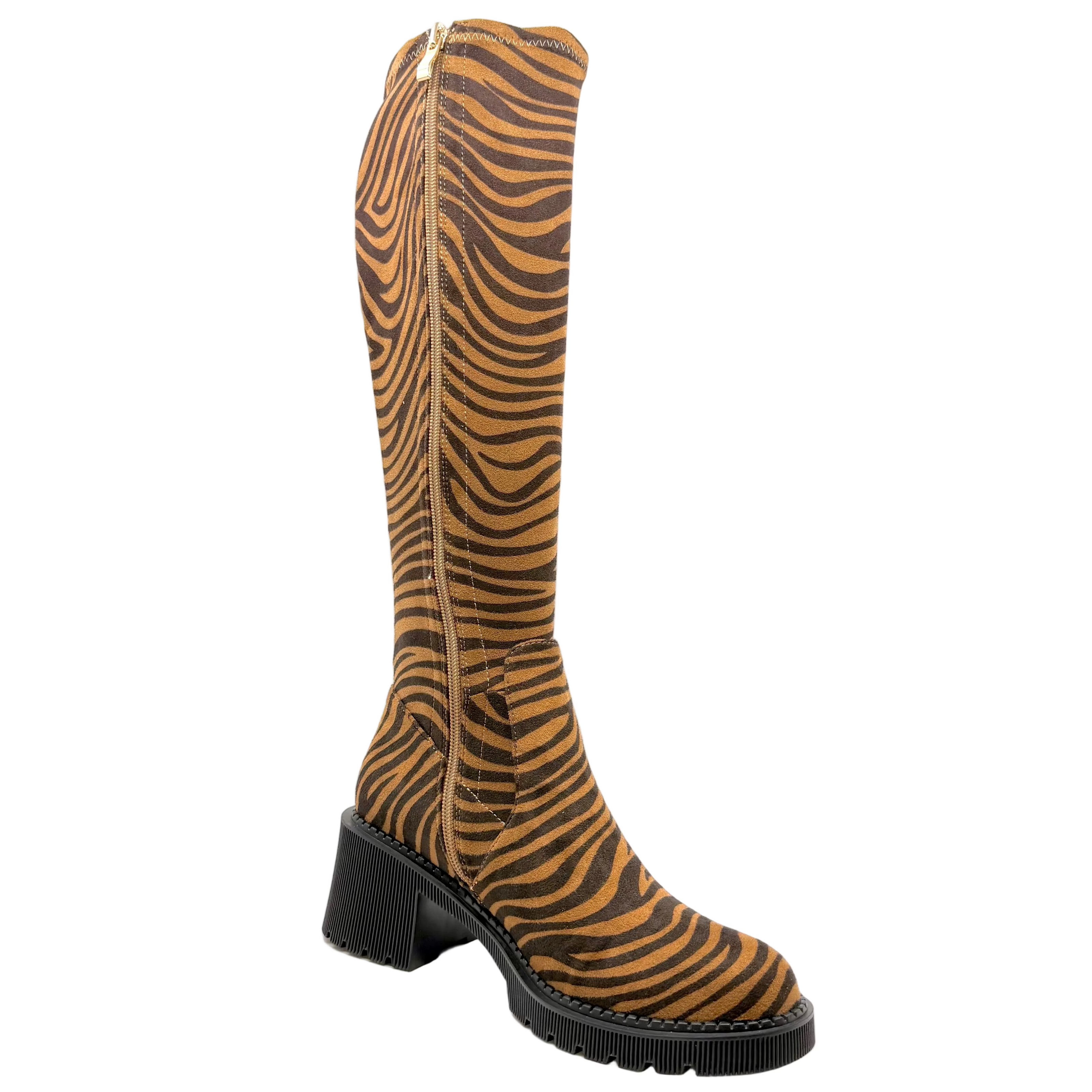 Django & Juliette Zina Knee High Boots Tan Tiger Stretch Microsuede