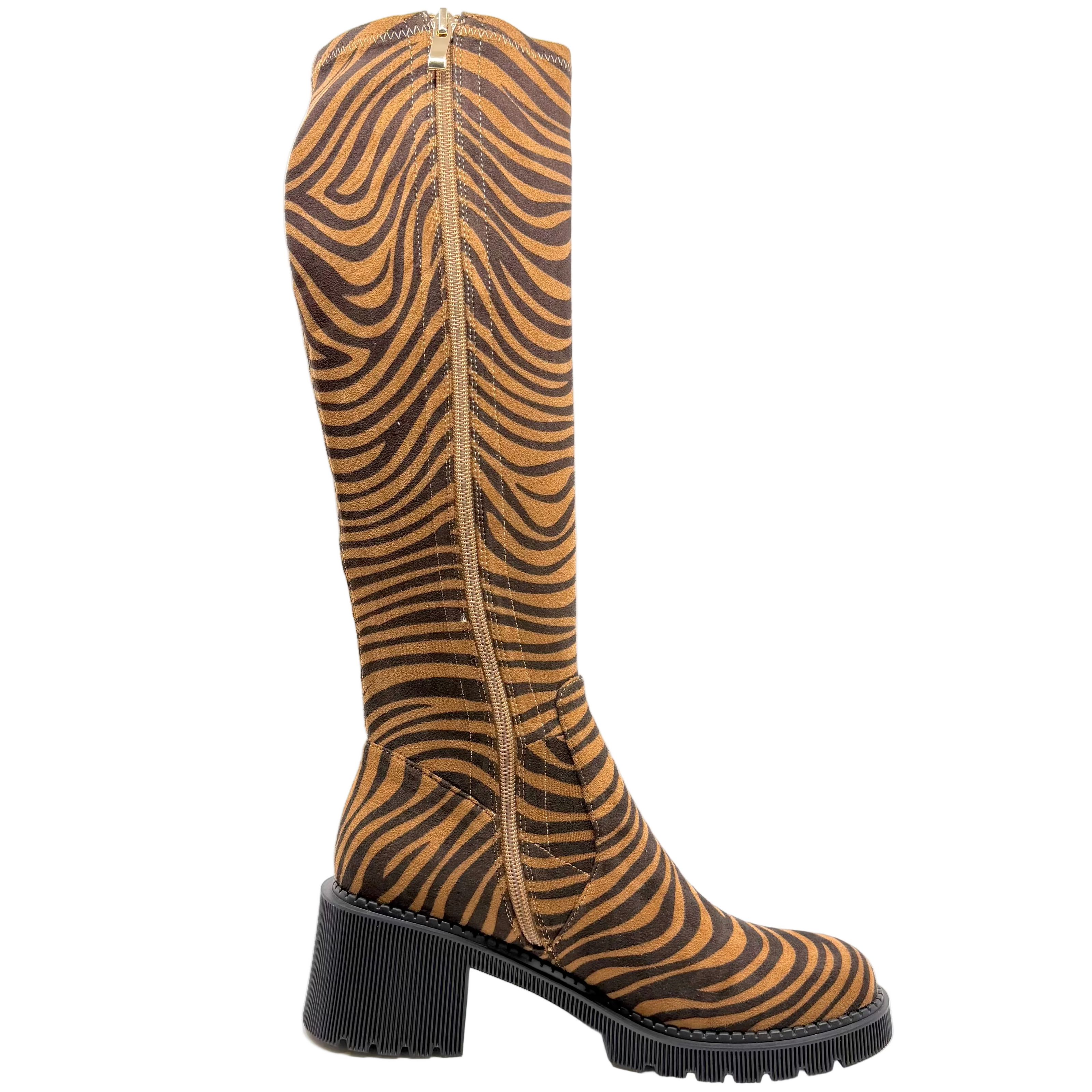 Django & Juliette Zina Knee High Boots Tan Tiger Stretch Microsuede