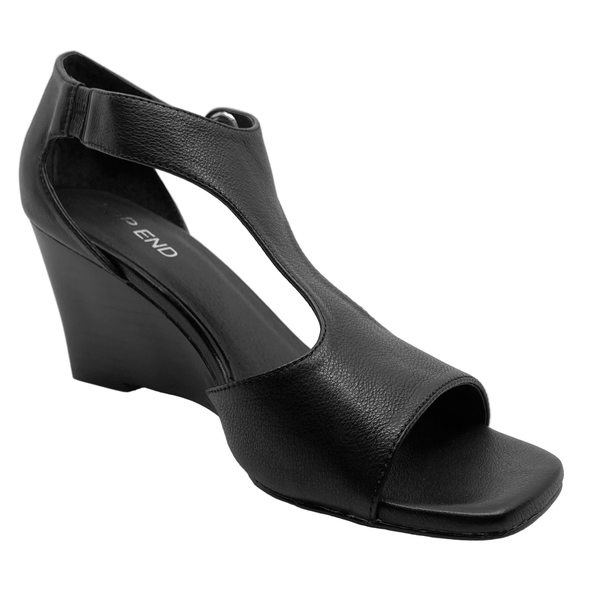 Top End Harnece Black Leather Wedge Heels
