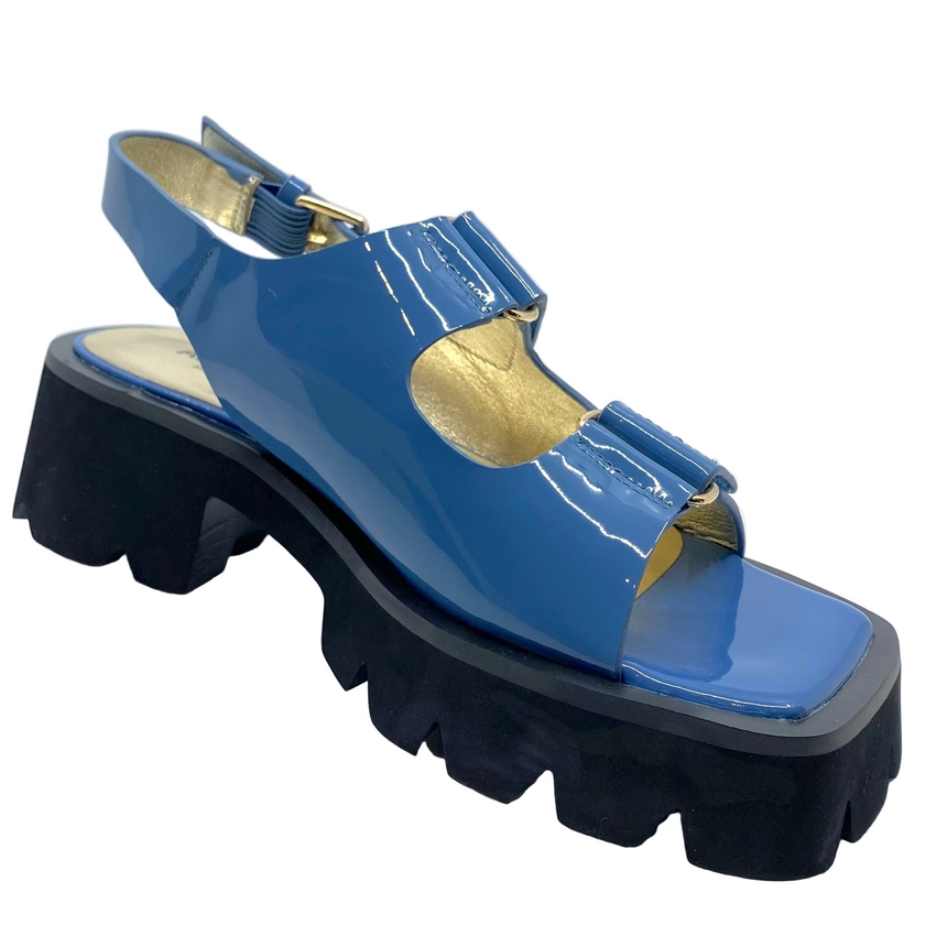 Alfie & Evie Dixie Mosaic Blue Patent Leather Flatform Sandals