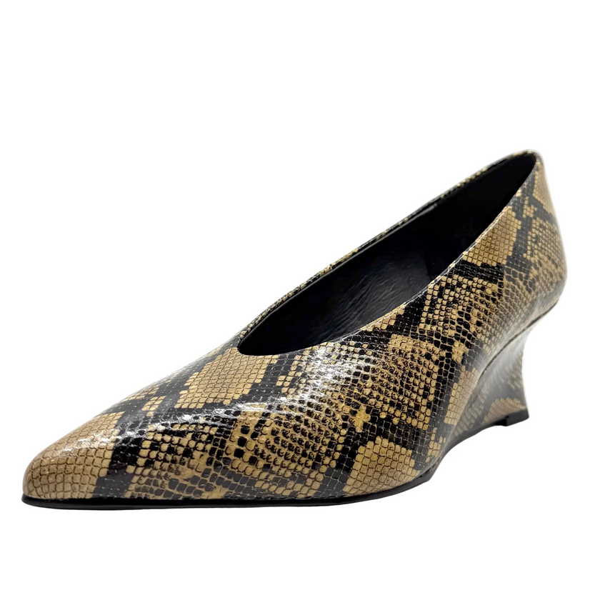 Mollini Camye Wedge Heels Fawn & Black Snake Leather