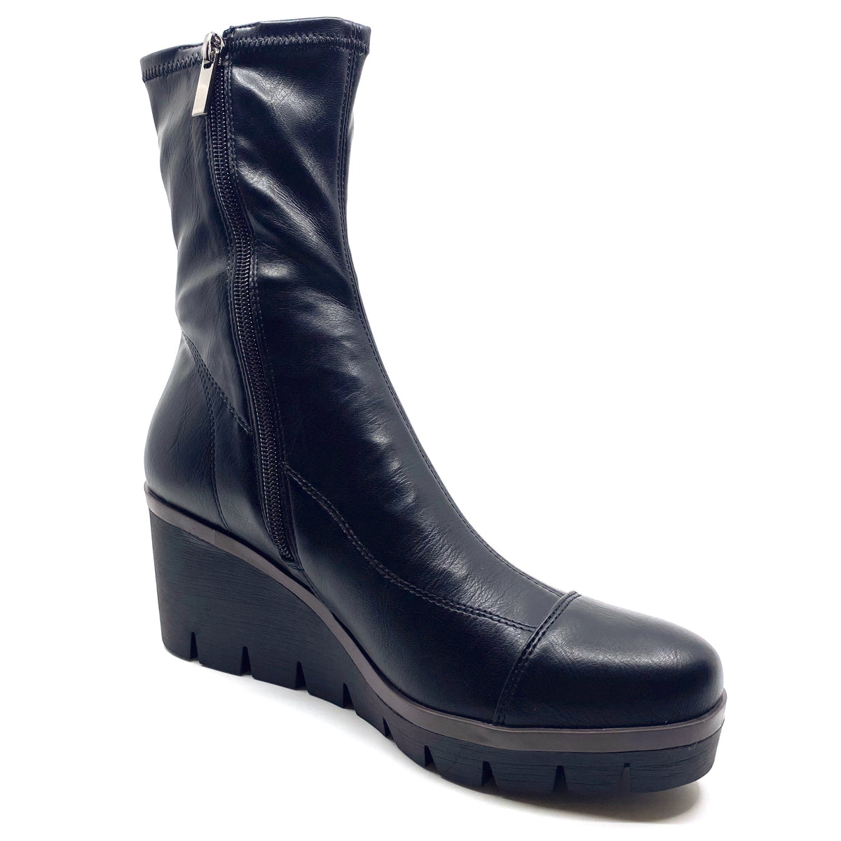 Django & Juliette Nucio Wedge Boots Black Stretch Smooth
