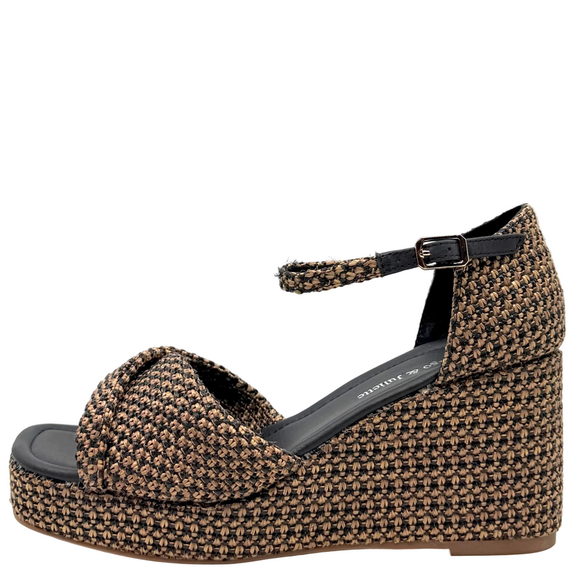 Django & Juliette Cotton Wedge Heels Black Tan Raffia