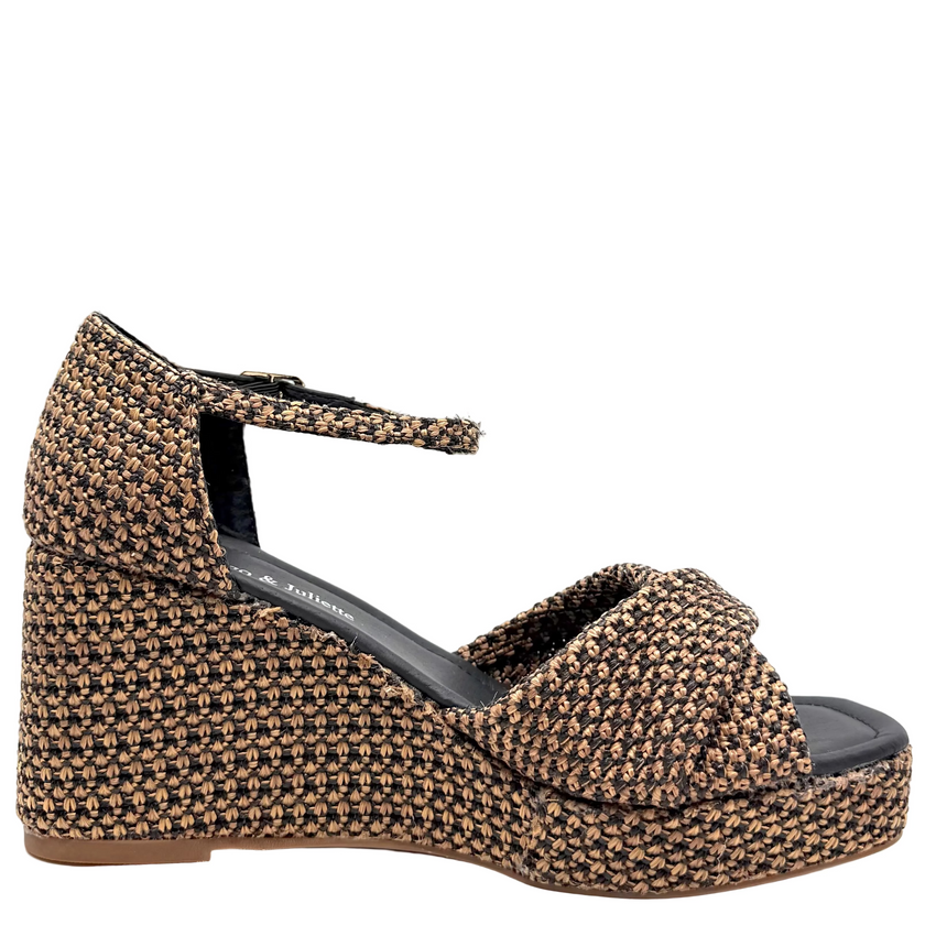 Django & Juliette Cotton Wedge Heels Black Tan Raffia