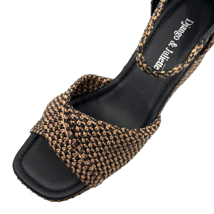 Django & Juliette Cotton Wedge Heels Black Tan Raffia