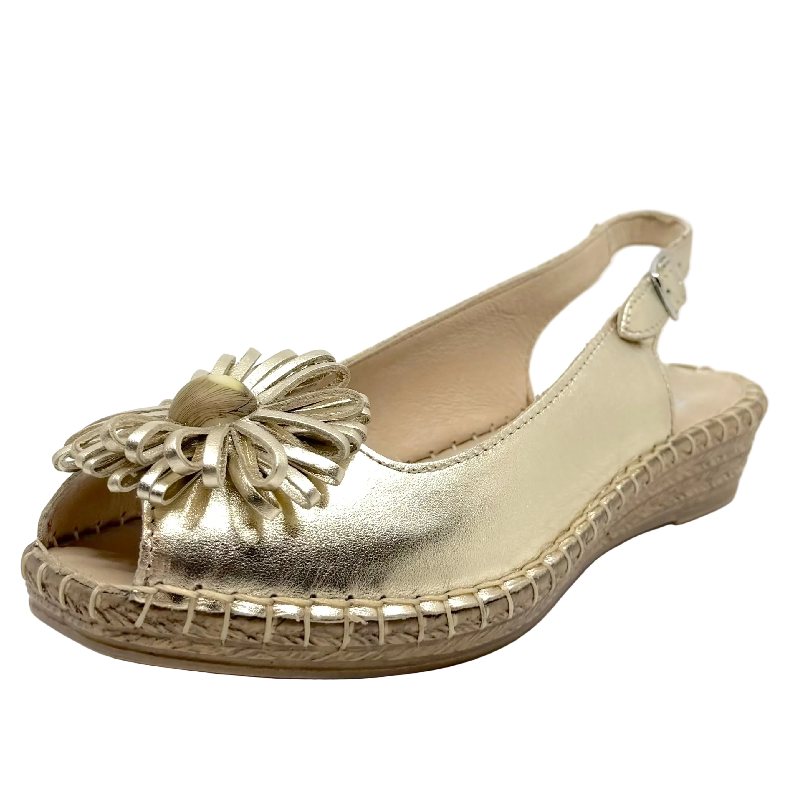 Sala Erica Flower Detail Espadrille Sandals Platino Soft Gold