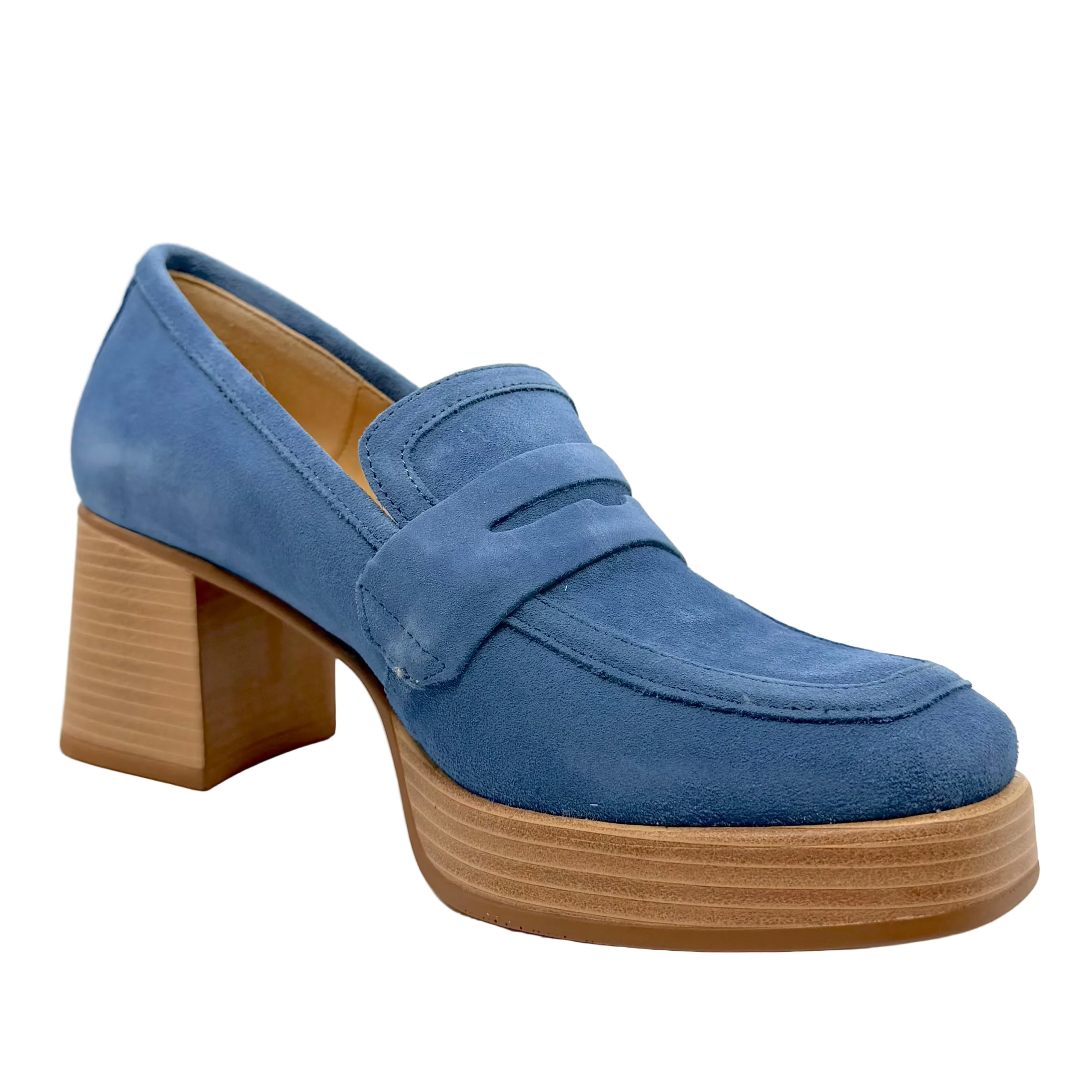 Dorking D9440 Cristel Stacked Loafer Heels Blue Nubuck