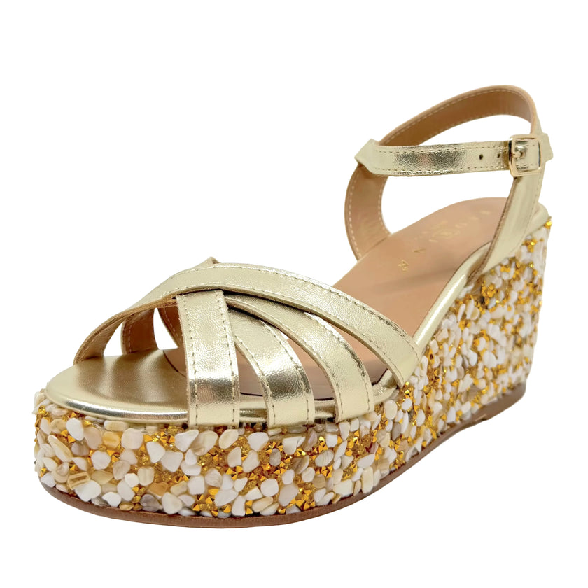 Fiorina Janine Embellished Wedge Sandals Gold Oro Leather