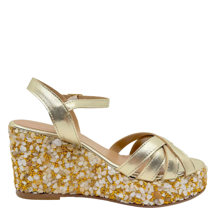 Fiorina Janine Embellished Wedge Sandals Gold Oro Leather